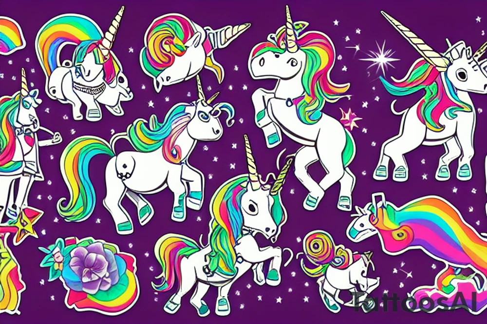 Mark Copy (the robot) next to a unicorn partying like crazy tattoo idea