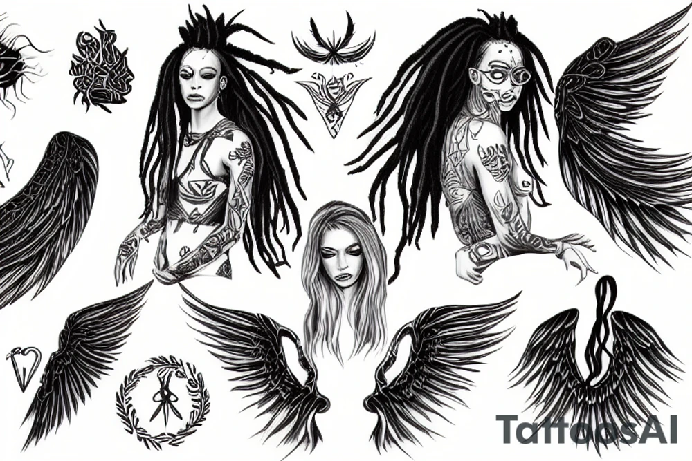 woman with dreadlocks and one demonic wing and one angelic wing tattoo idea