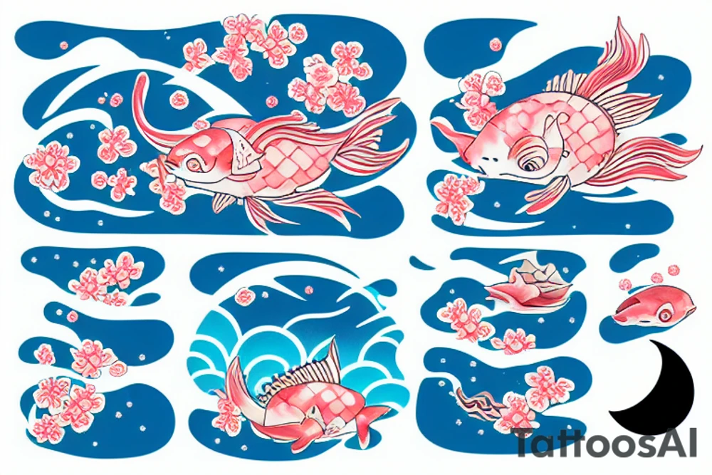 kois in the ocean with cherry blossoms and a moon tattoo idea