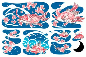 kois in the ocean with cherry blossoms and a moon tattoo idea