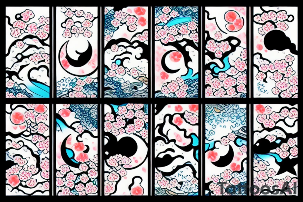 kois in the ocean with cherry blossoms and a moon tattoo idea