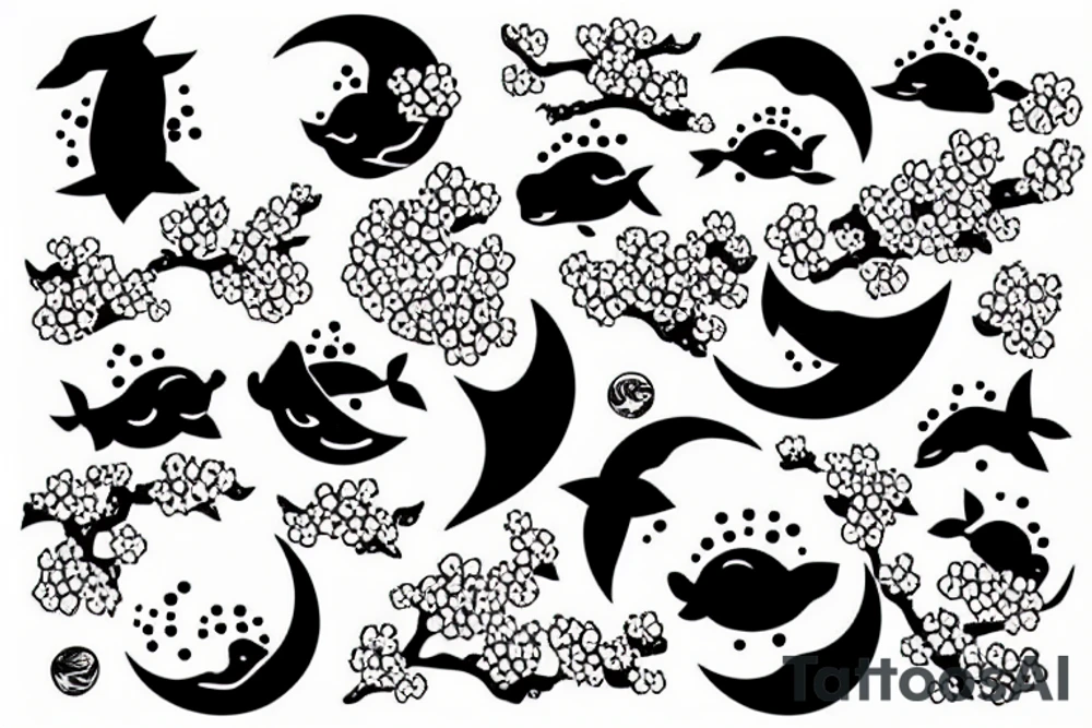 kois in the ocean with cherry blossoms and a moon tattoo idea