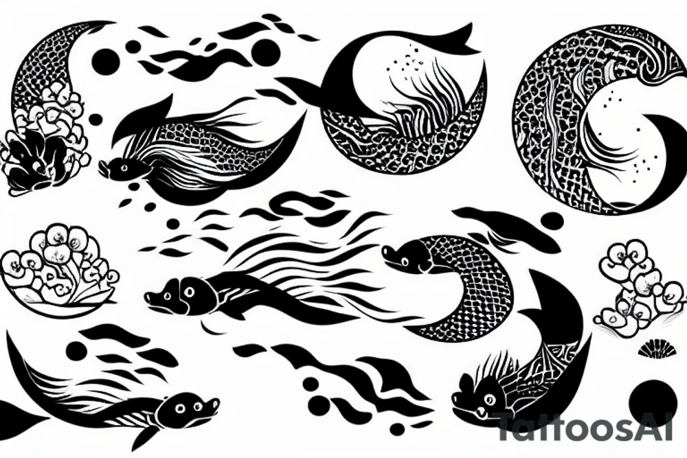 kois in the ocean with cherry blossoms and a moon tattoo idea