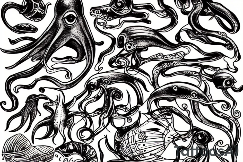 Squid in the deep sea with shipwreck tattoo idea