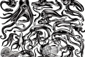 Squid in the deep sea with shipwreck tattoo idea