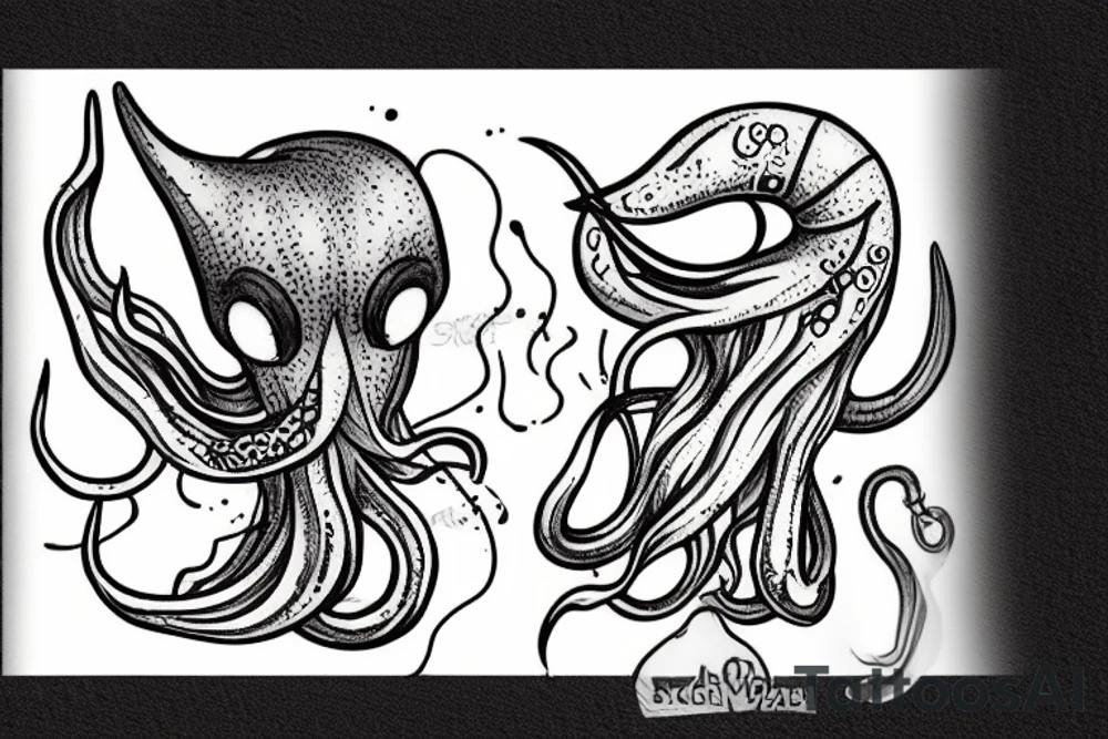 Squid in the deep sea with shipwreck tattoo idea