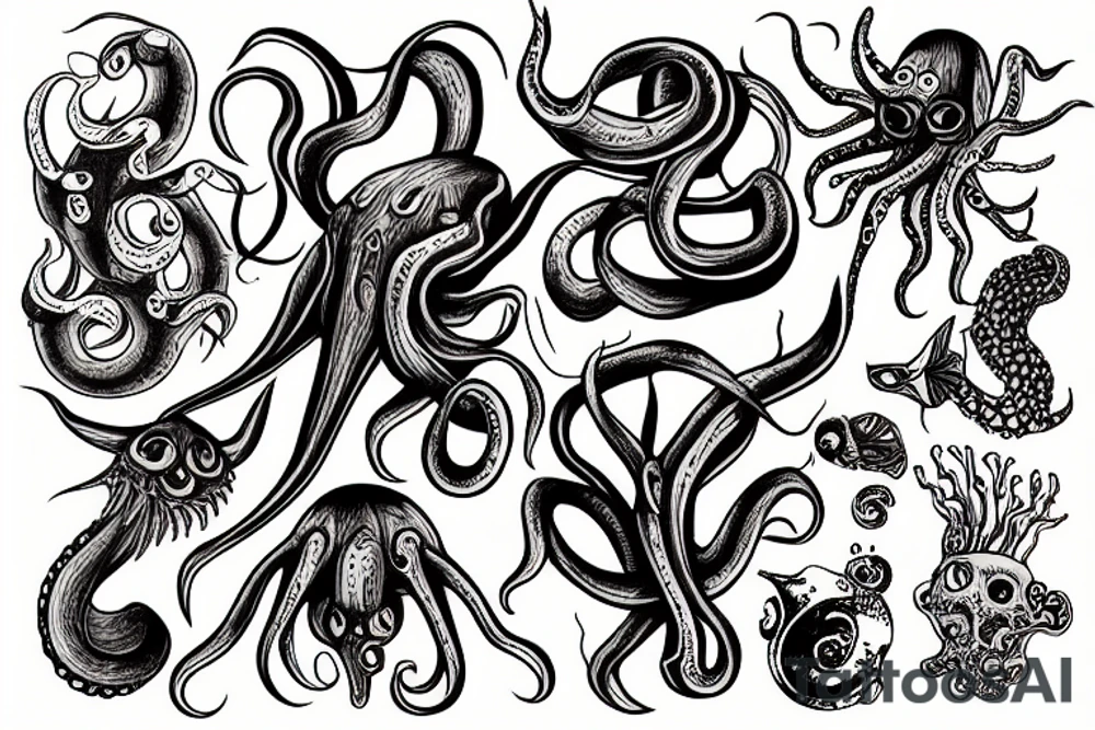 Squid in the deep sea with shipwreck tattoo idea
