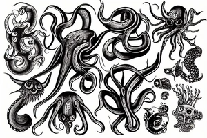Squid in the deep sea with shipwreck tattoo idea