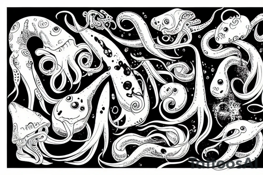 Squid in the deep sea with shipwreck tattoo idea