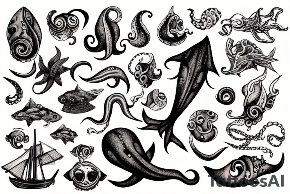 Squid in the deep sea with shipwreck tattoo idea
