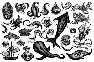 Squid in the deep sea with shipwreck tattoo idea