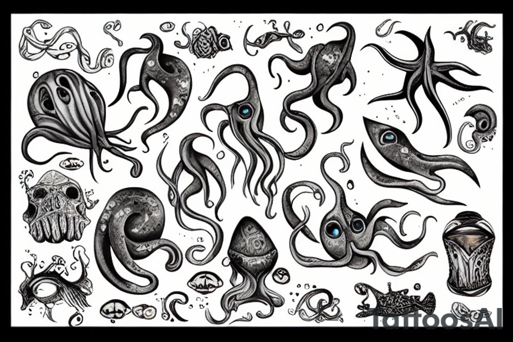 Squid in the deep sea with shipwreck tattoo idea