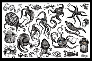 Squid in the deep sea with shipwreck tattoo idea