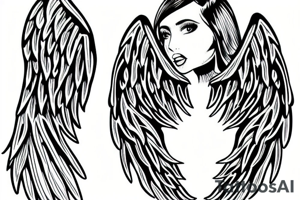 Angel girl in full growth with big wings tattoo idea