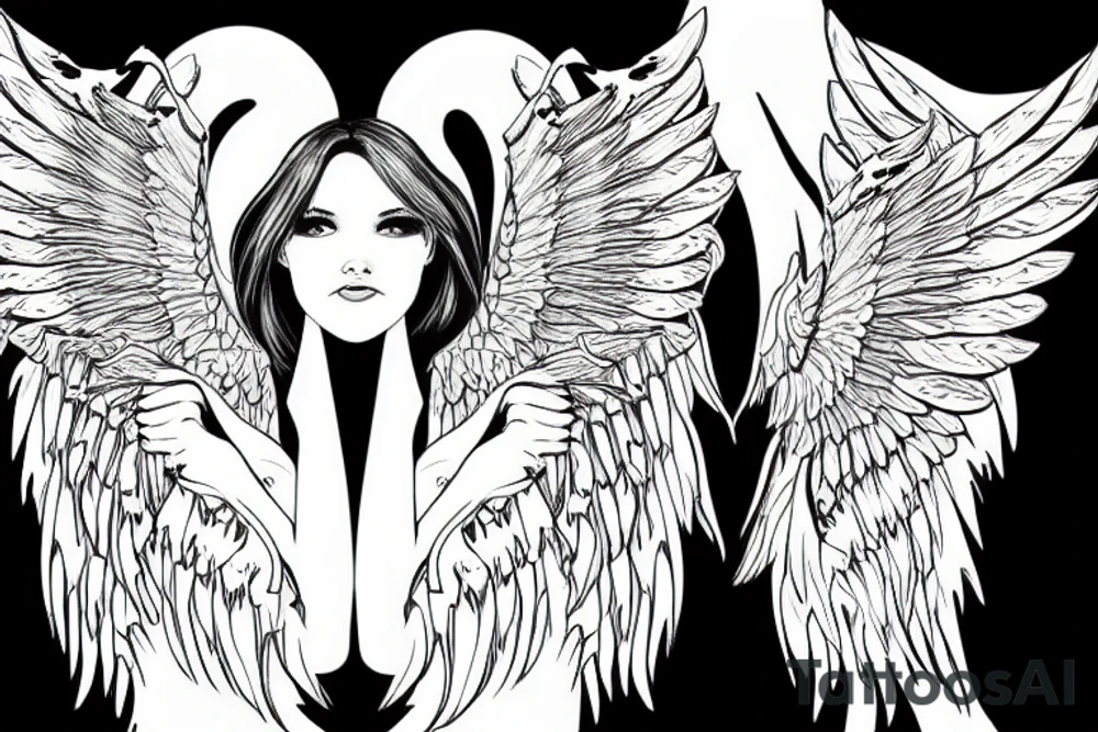 Angel girl,  full growth, big wings, weapons tattoo idea