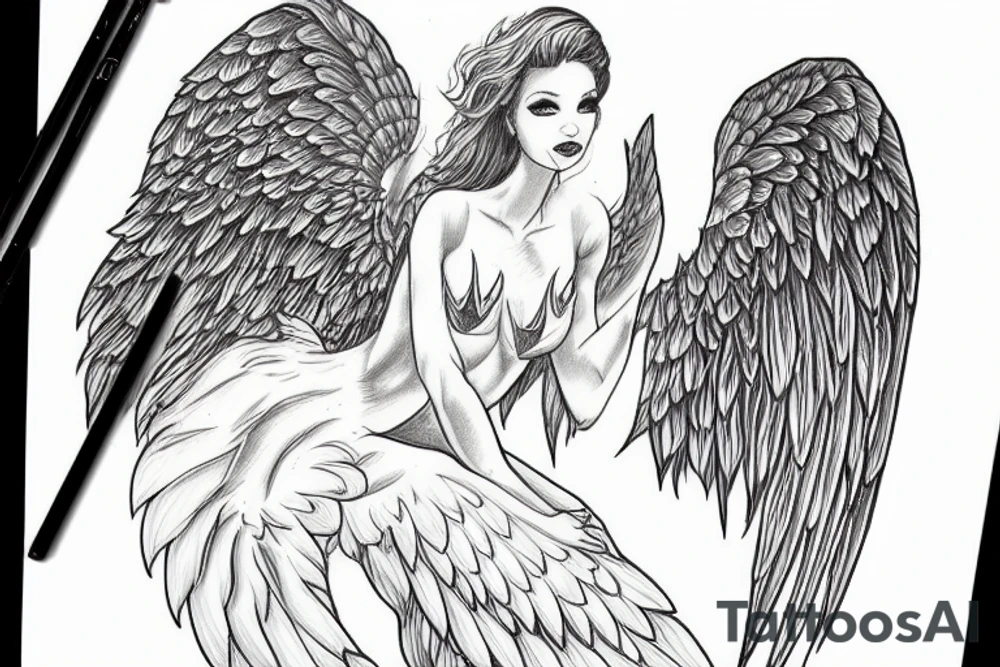 Angel girl,  full growth, big wings, weapons tattoo idea