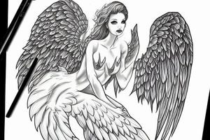 Angel girl,  full growth, big wings, weapons tattoo idea
