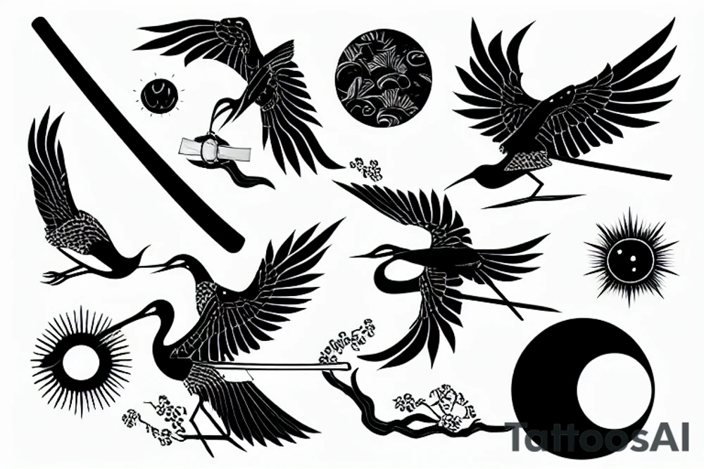 crane with a katana in the background of the sun tattoo idea