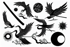 crane with a katana in the background of the sun tattoo idea