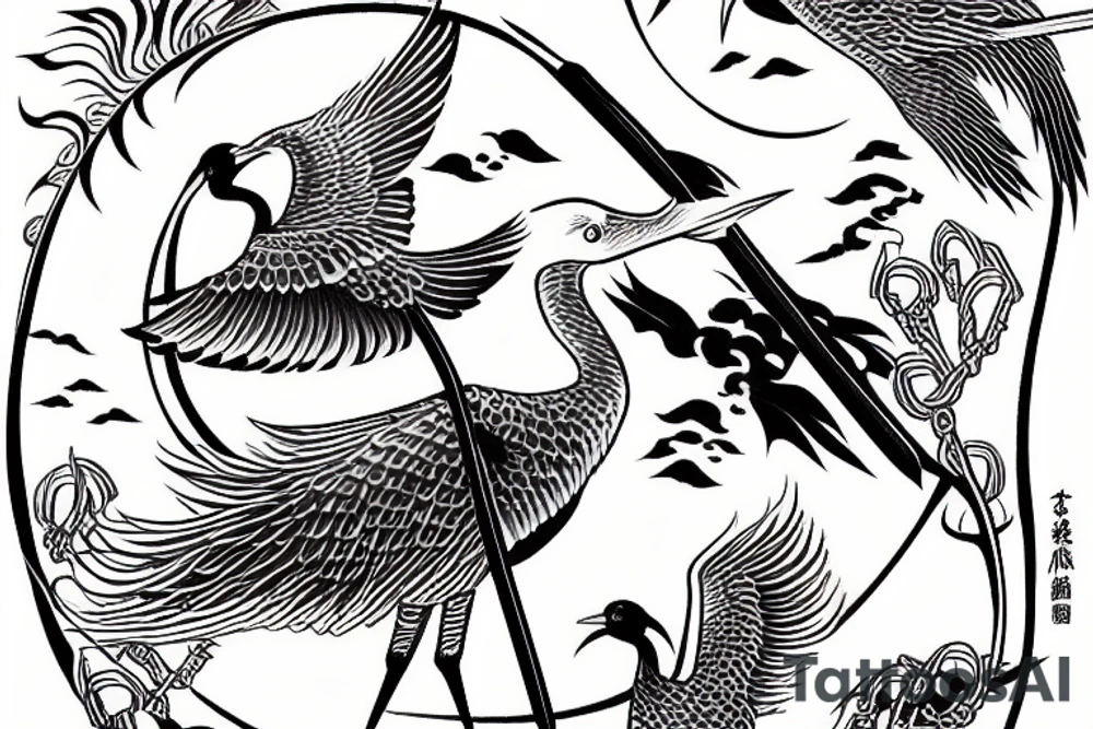 crane with a katana in the background of the sun tattoo idea
