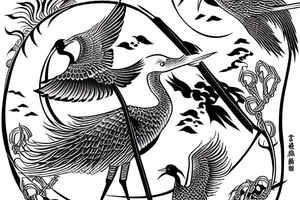 crane with a katana in the background of the sun tattoo idea