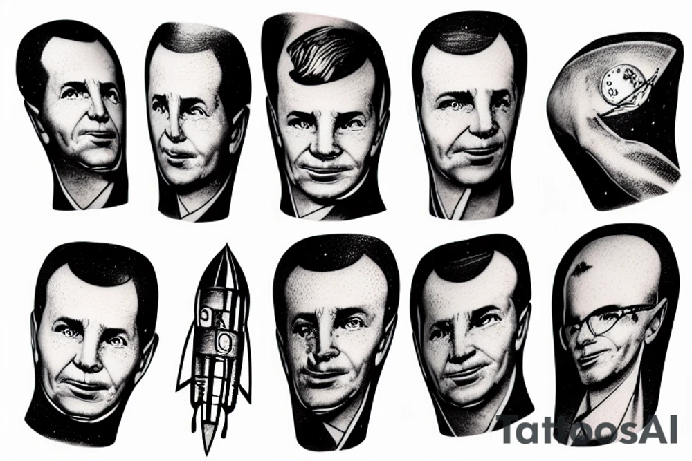 Gagarin on his shoulder, rocket on his forearm tattoo idea