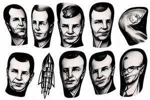 Gagarin on his shoulder, rocket on his forearm tattoo idea