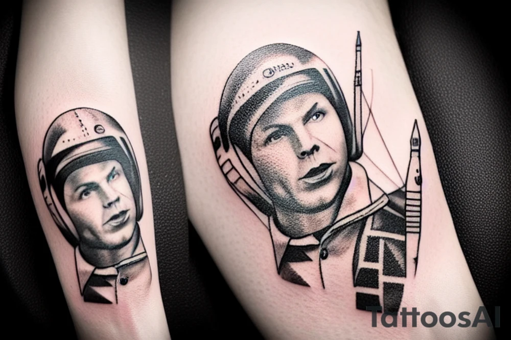 Gagarin on his shoulder, rocket on his forearm tattoo idea