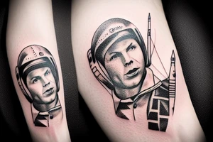 Gagarin on his shoulder, rocket on his forearm tattoo idea