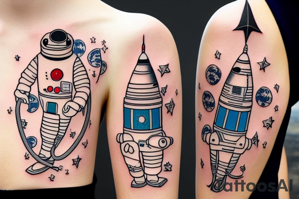 astronaut and rocket tattoo idea