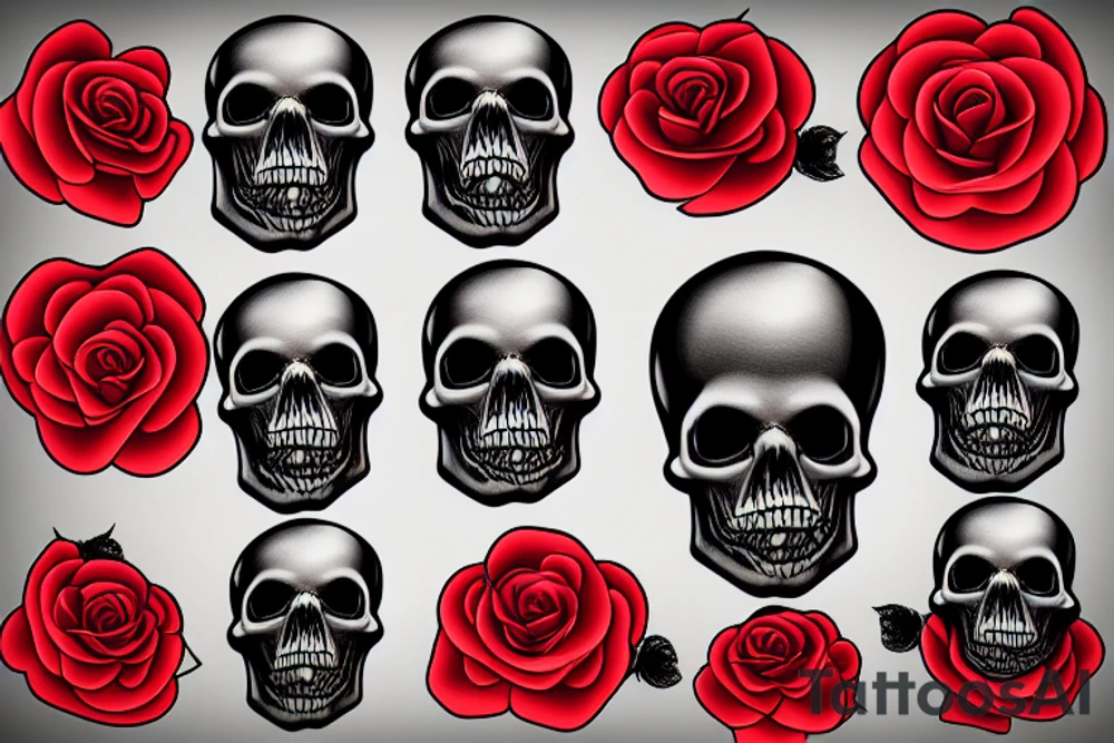 Black Skull with 4 red roses around tattoo idea