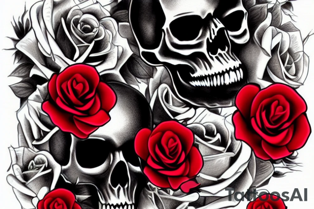 Black Skull with 4 red roses around tattoo idea