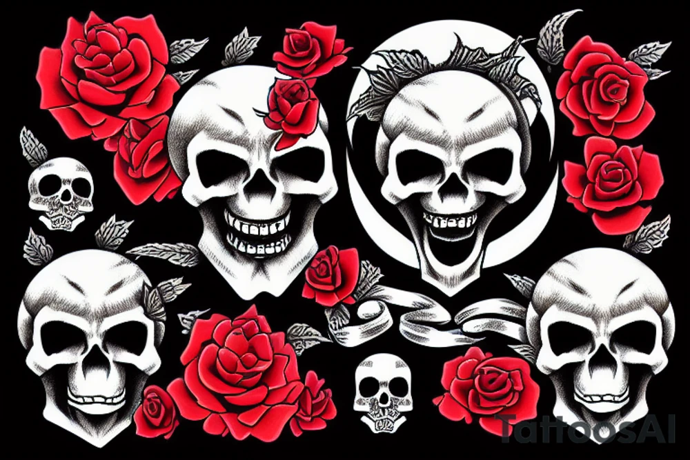 demon's black Skull with 4 red roses around tattoo idea