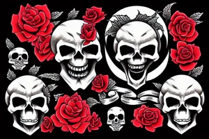demon's black Skull with 4 red roses around tattoo idea