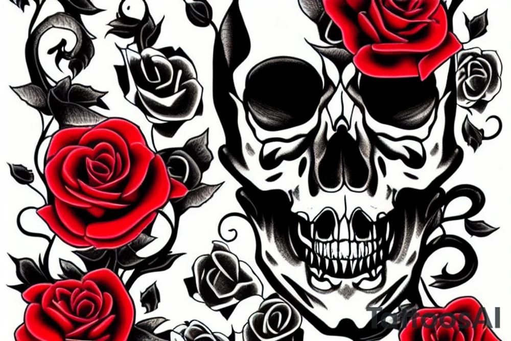 demon's black Skull with 4 red roses around tattoo idea