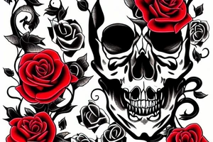 demon's black Skull with 4 red roses around tattoo idea