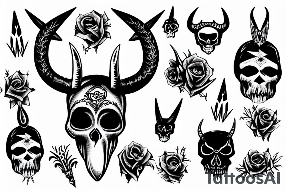 Dark skull with horns wrapped in barbed wire tattoo idea