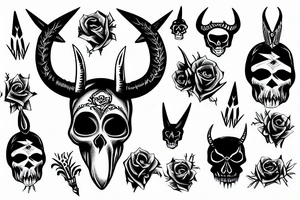 Dark skull with horns wrapped in barbed wire tattoo idea