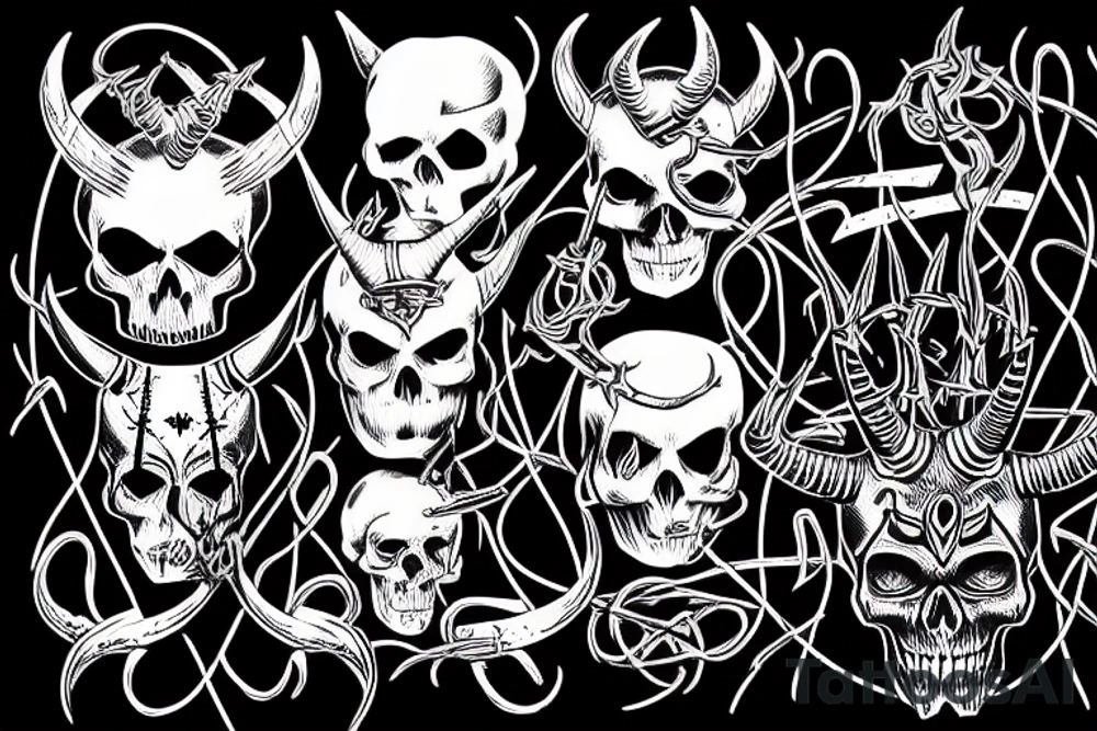 Dark skull with horns wrapped in barbed wire tattoo idea