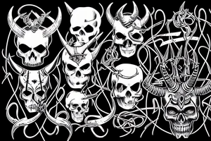 Dark skull with horns wrapped in barbed wire tattoo idea