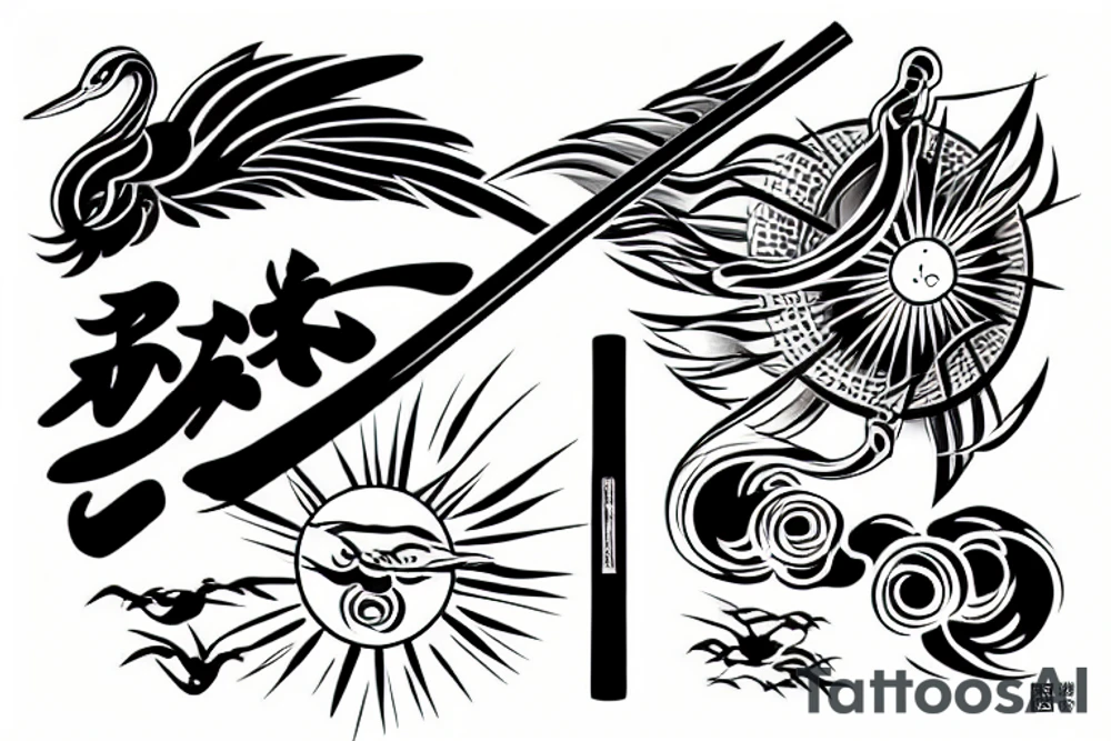 crane with a katana in the background of the sun tattoo idea