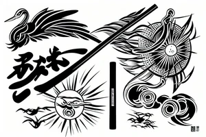 crane with a katana in the background of the sun tattoo idea