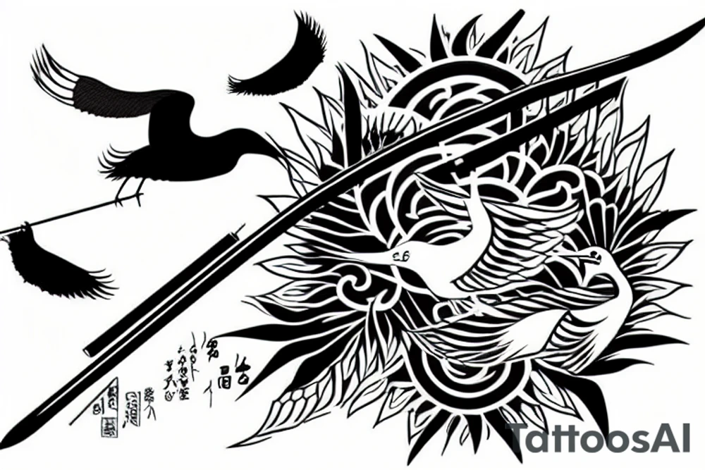 crane with a katana in the background of the sun tattoo idea