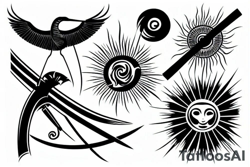 crane with a katana in the background of the sun tattoo idea
