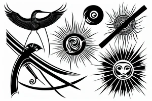 crane with a katana in the background of the sun tattoo idea