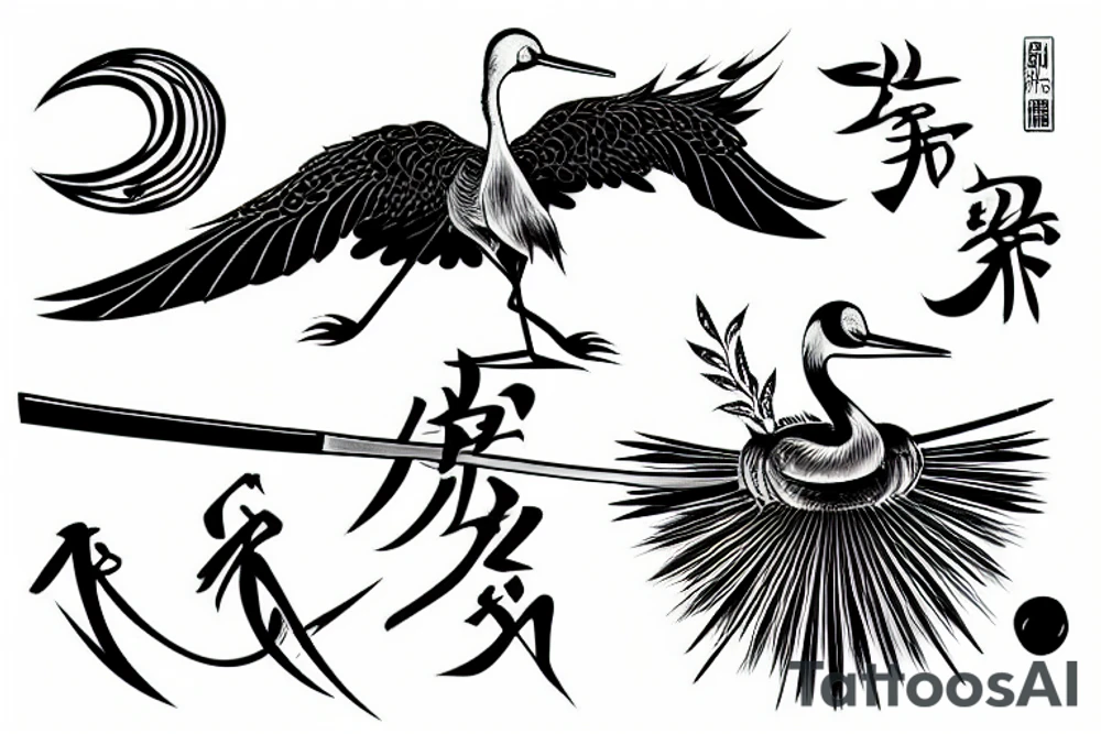 crane with a katana in the background of the sun tattoo idea