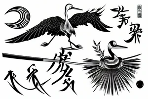 crane with a katana in the background of the sun tattoo idea