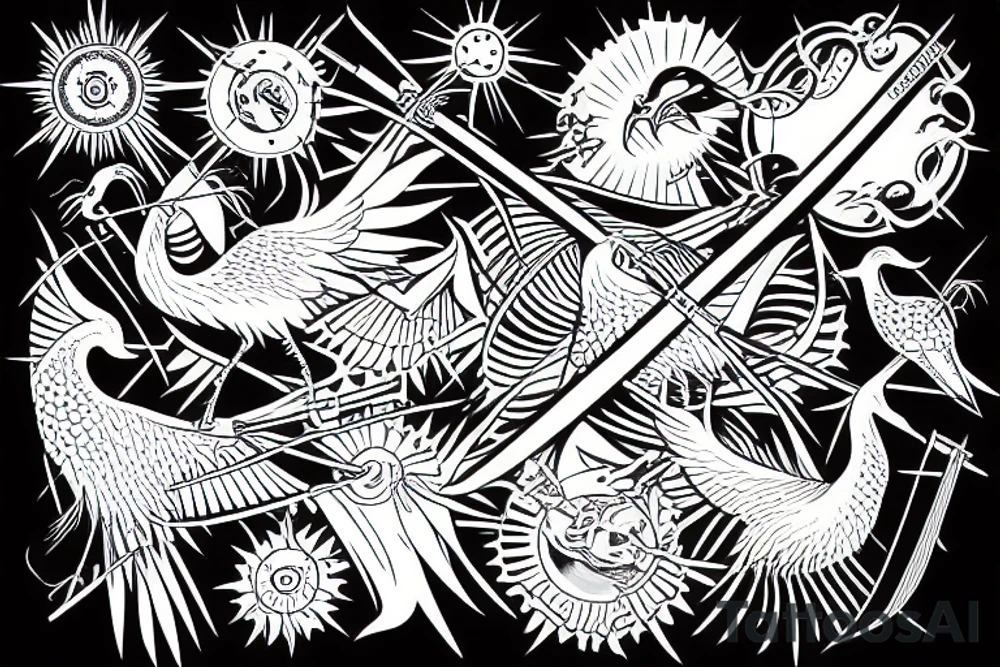crane with a katana in the background of the sun tattoo idea