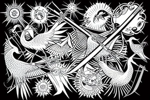 crane with a katana in the background of the sun tattoo idea
