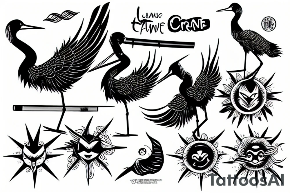 crane with a katana in the background of the sun tattoo idea
